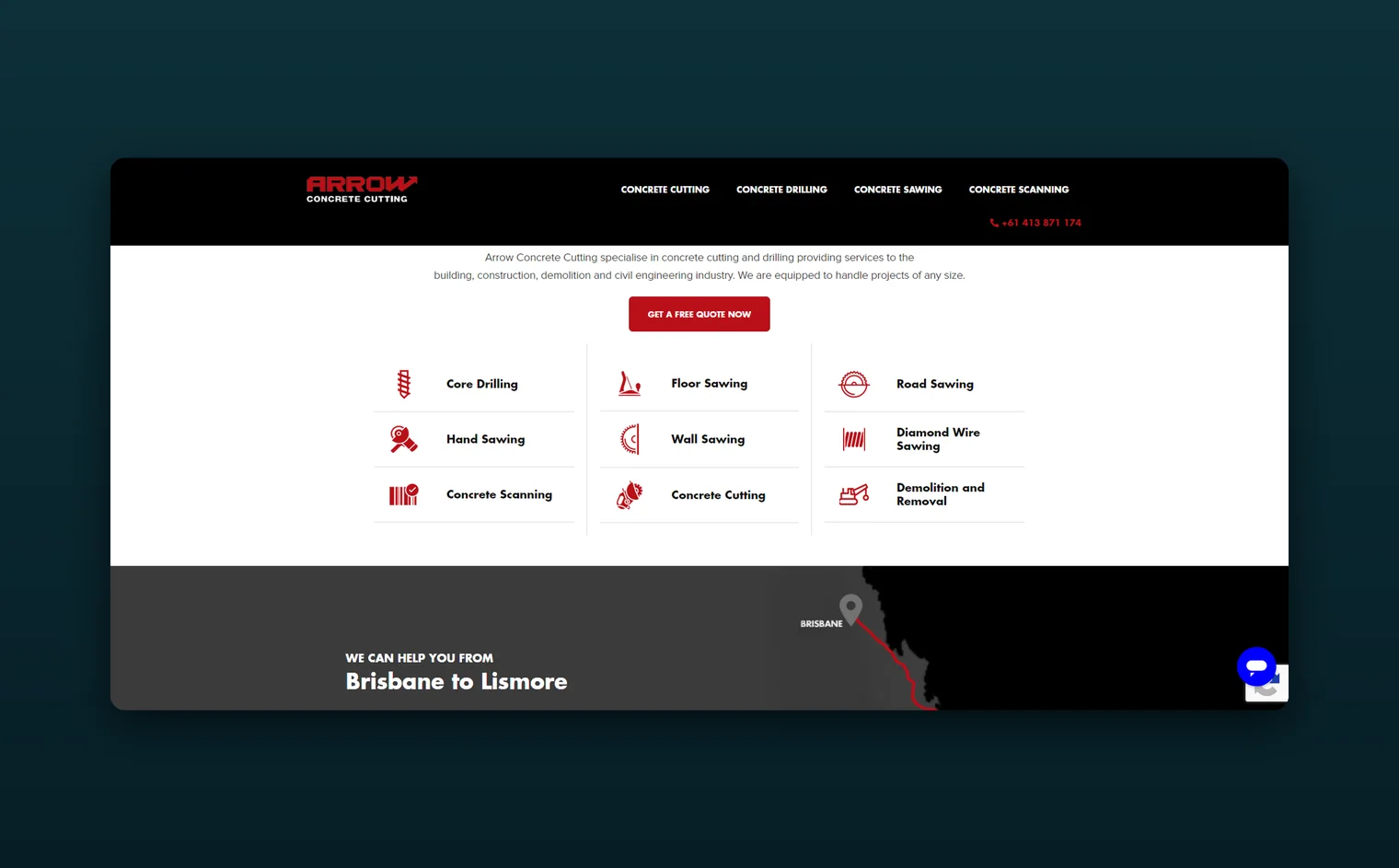 Arrow Concrete Cutting website by Balar Media Group, more of the design