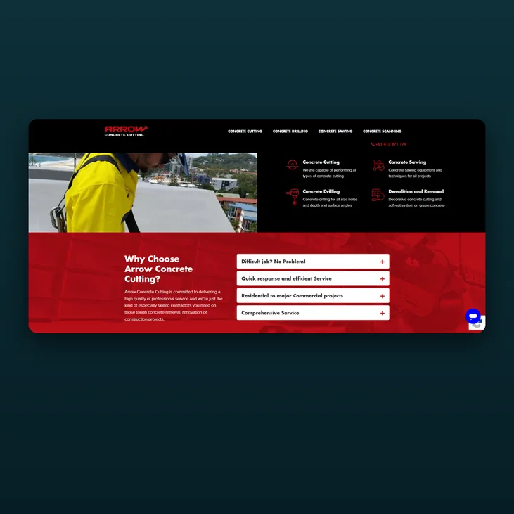 Arrow Concrete Cutting website detail by Balar Media Group