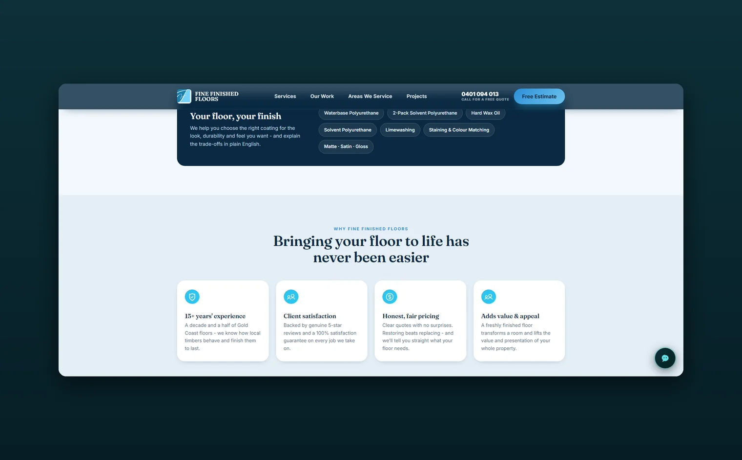 Fine Finished Floors website by Balar Media Group, more of the design