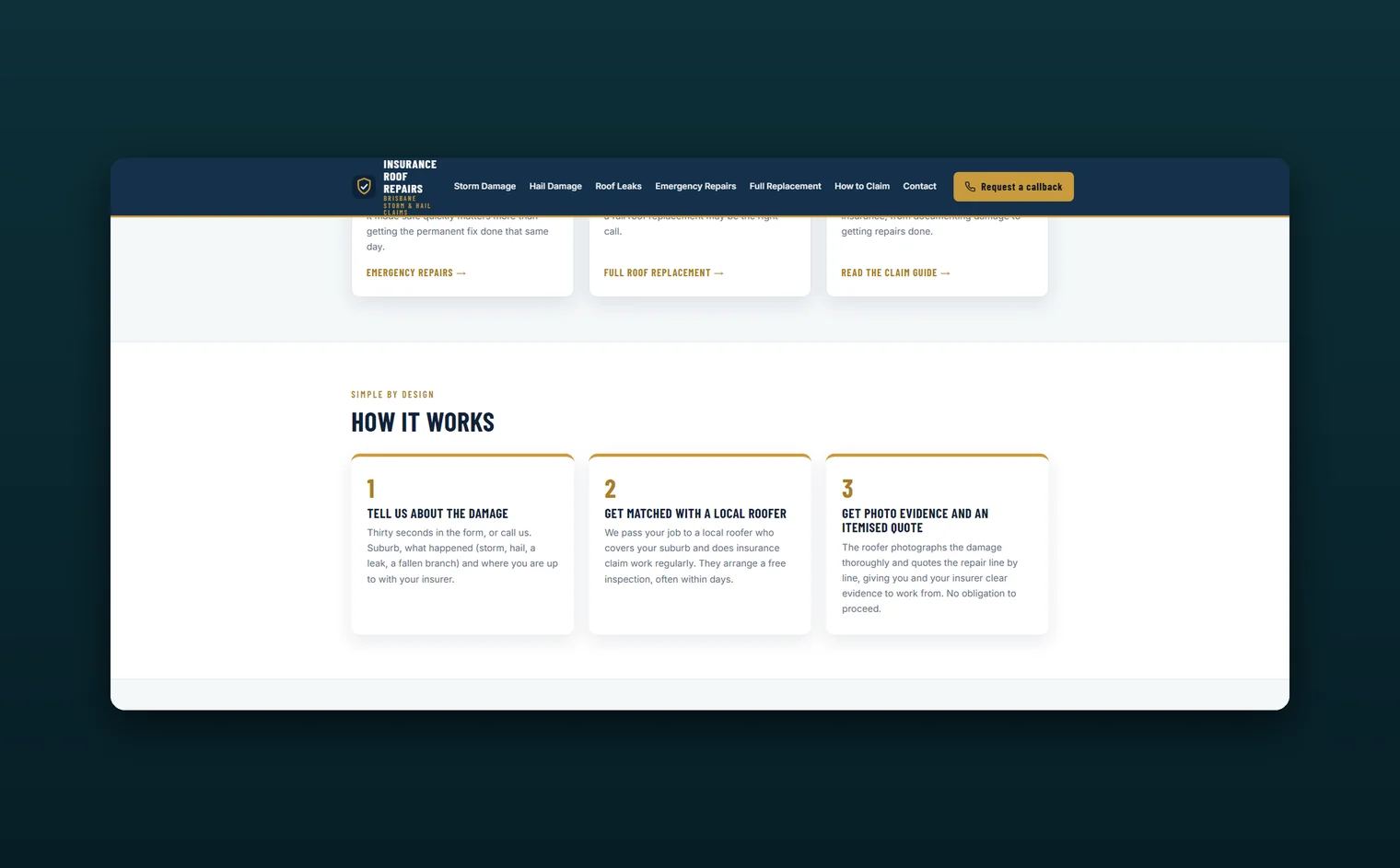 Insurance Roof Repairs Brisbane website by Balar Media Group, more of the design