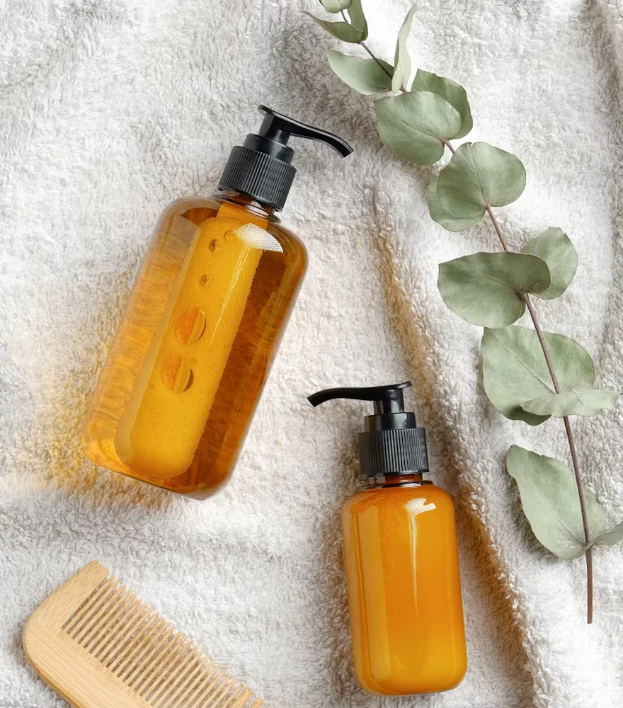Natural skincare and beauty products styled on linen