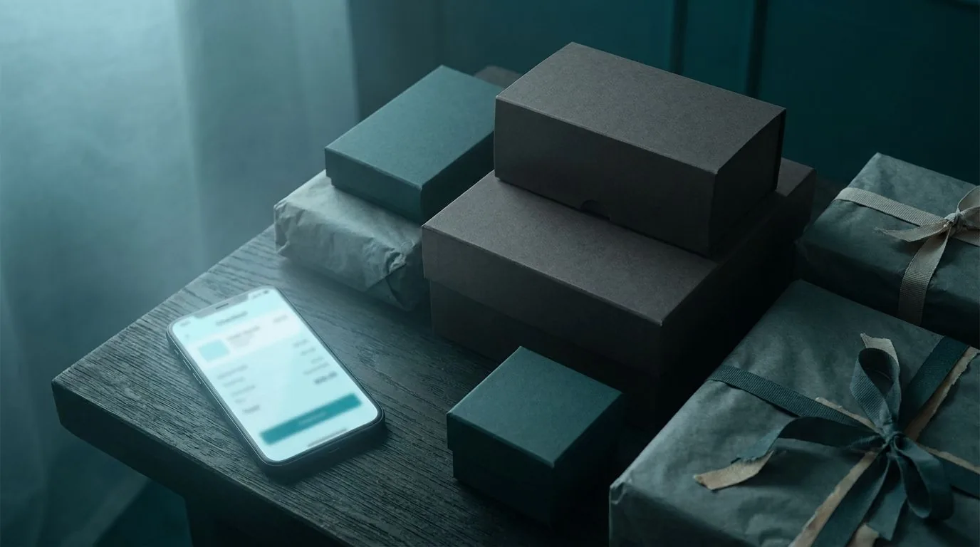 Online store order on a phone beside wrapped parcels ready to ship