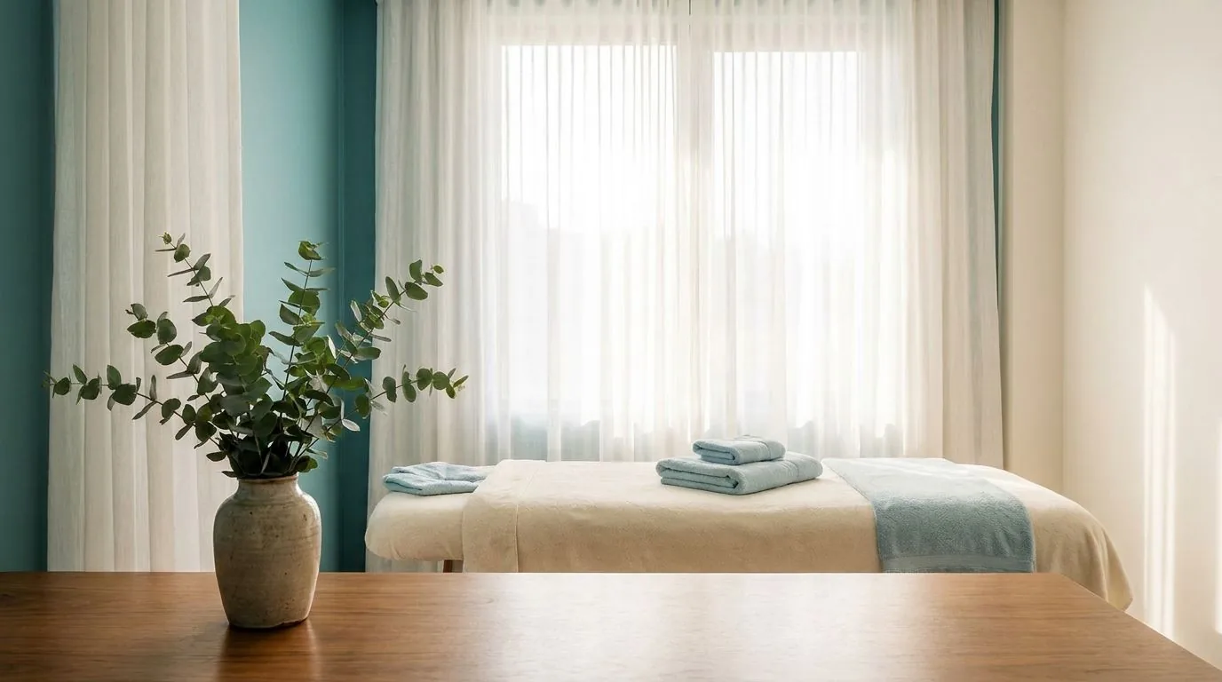 Calm wellness treatment room with massage table and fresh eucalyptus