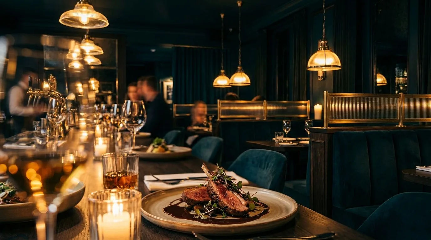 Plated dinner and candlelight in a moody restaurant dining room