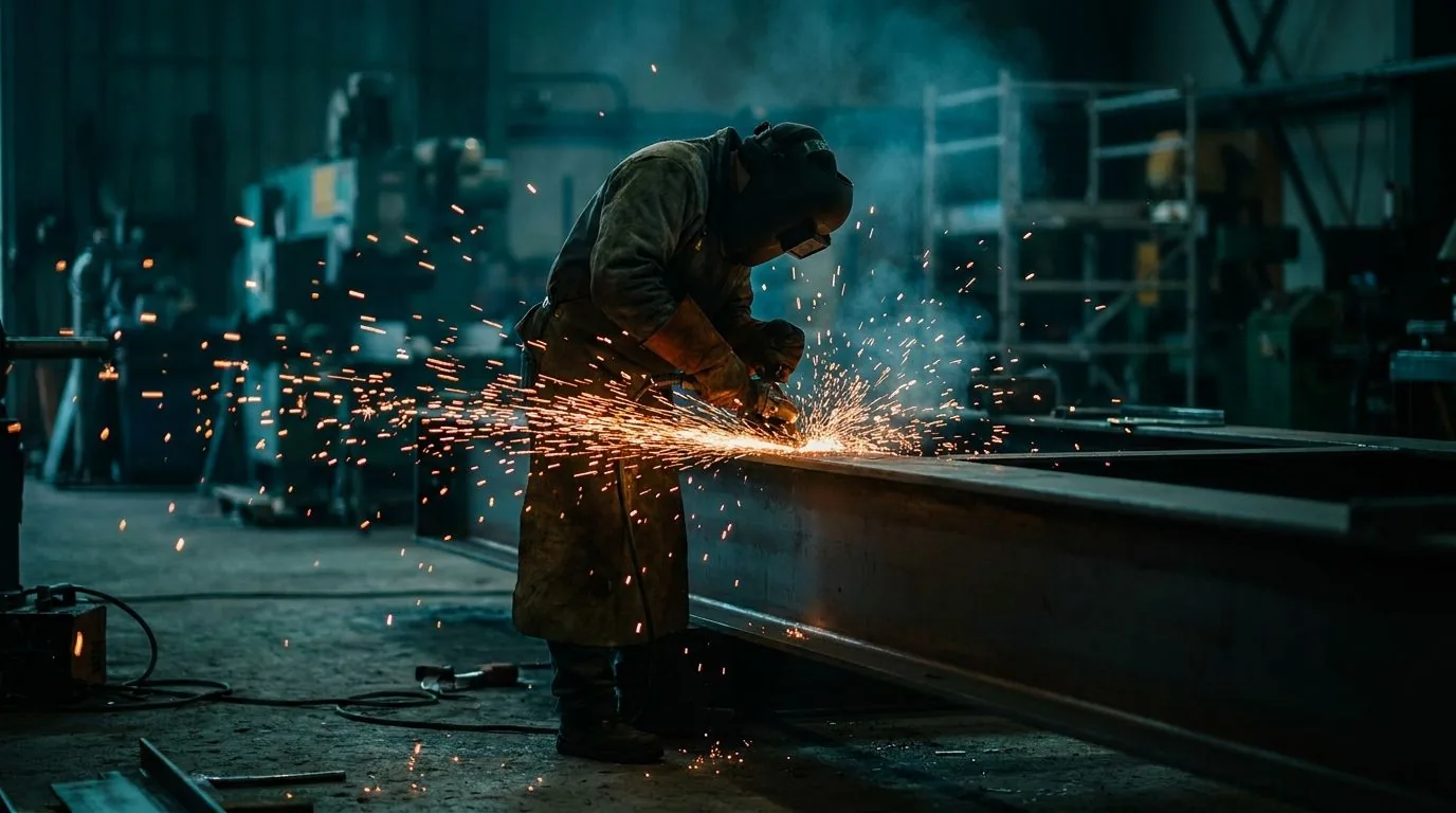 Welder cutting steel in a fabrication workshop with sparks flying