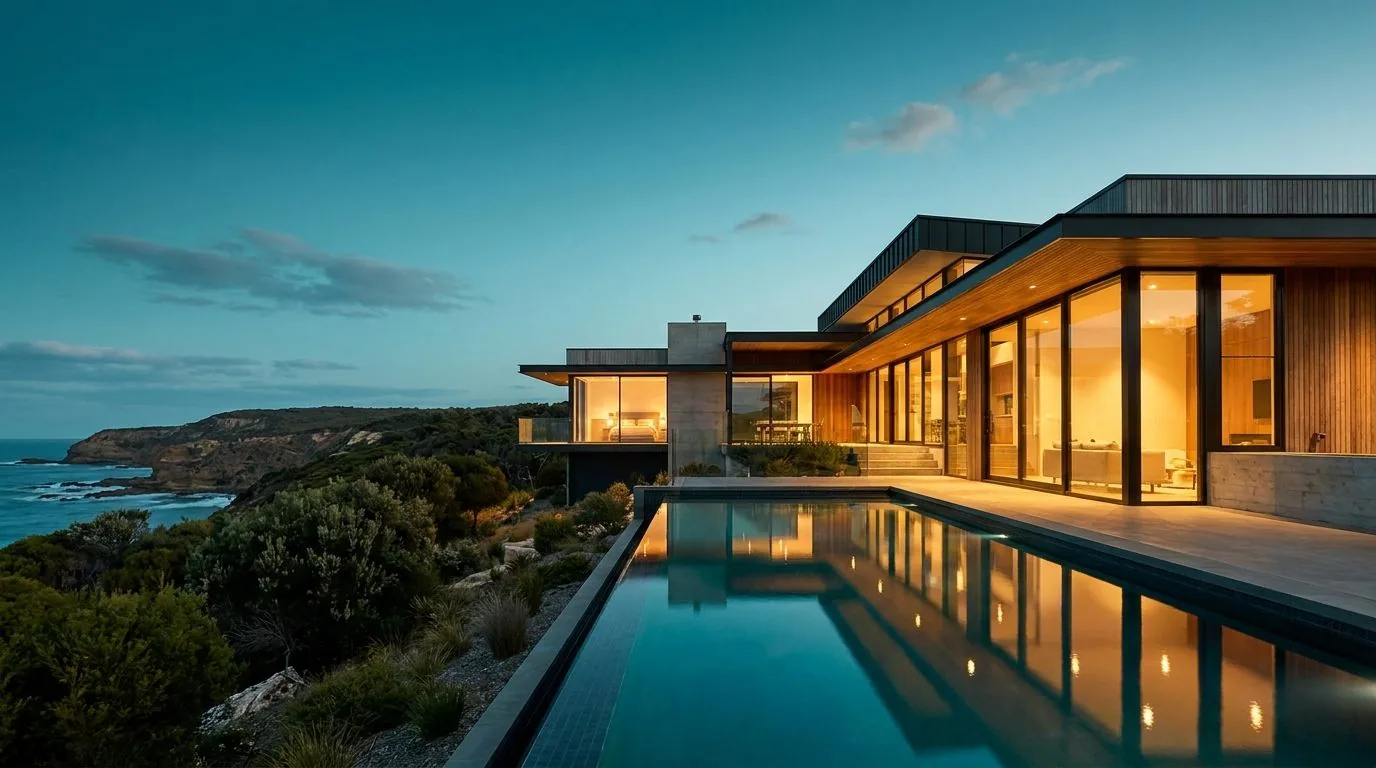 Architect-designed coastal home with infinity pool at dusk