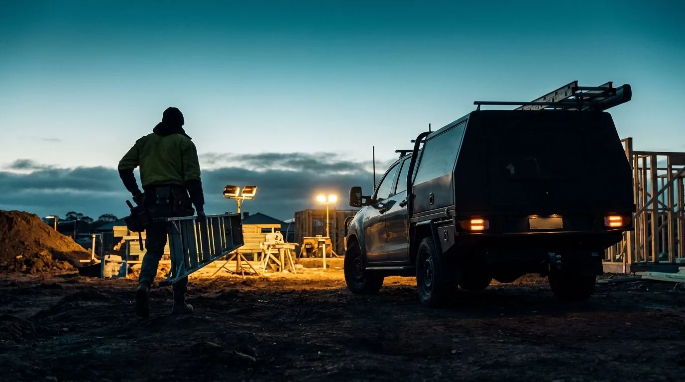 Tradie in hi-vis beside his ute on a construction site at dawn