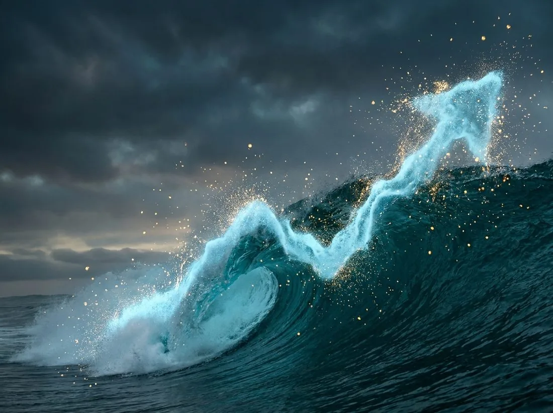 A wave rising like a growth chart